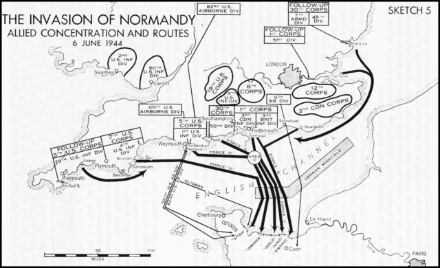 The Invasion of Normandy - Allied Concentration and Routes (6 June 1944) Black and white map. The Invasion of Normandy - Allied Concentration and Routes (6 June 1944)